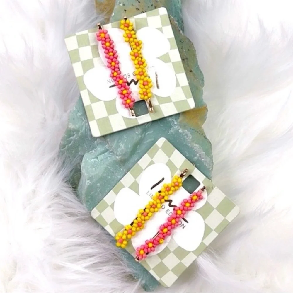 Boho Flower Hair Clips Crochet Daisy & Embellished Beaded Flower Bobby‎ Pins Set